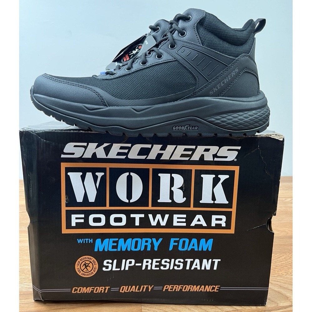 Skechers Work Boots Street Treader Scorron Men's 10.5 Black, Goodyear Soles NEW